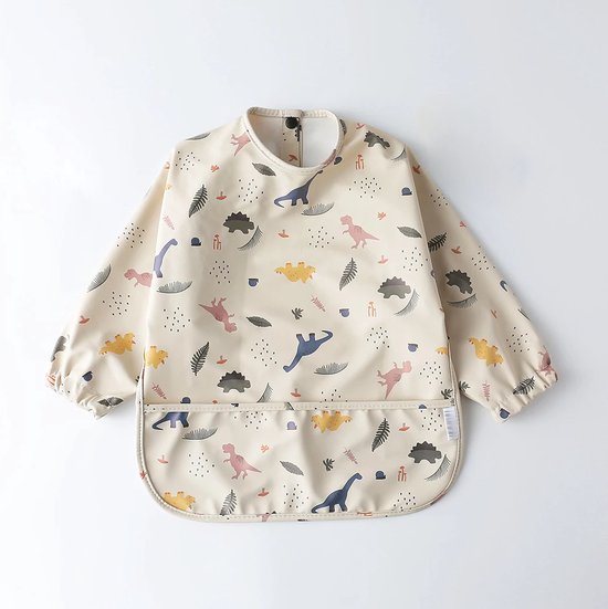SFT Products Baby Slab met Lange Mouwen - Dino Beige - LARGE - 3 t/m 4 Jaar - Waterproof - Slabber met Lange Mouwen - Slabbetje met Schortje