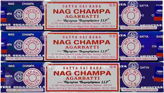 3 stuks Wierook Satya Nag Champa - Agarbatti klassiek staafjes