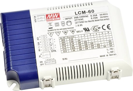 Mean Well LCM-60 LED-driver Constante stroomsterkte 60 W 0.5 - 4.4 A 2 - 90 V/DC PFC-schakeling, Overbelastingsbescherm