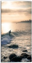 WallClassics - Dibond - Surfer op Zee aan de Kust - 50x100 cm Foto op Aluminium (Met Ophangsysteem)