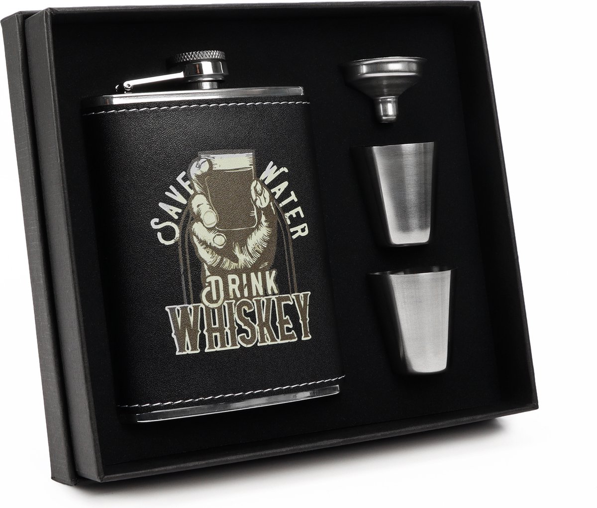 Whiskey Heupfles Gift Set - Platvink - Zakflacon - Zakfles - Drankfles - Drankflacon Heupflesje - Incl. Trechter en Bekertjes - 'Save water, drink Whiskey'