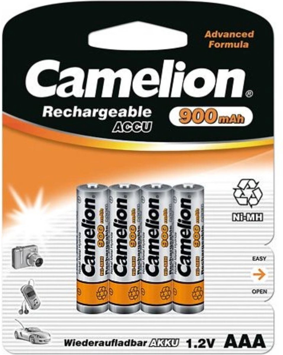 Camelion oplaadbare AAA batterijen, NimH 900maH. 4 stuks (hangverpakking)