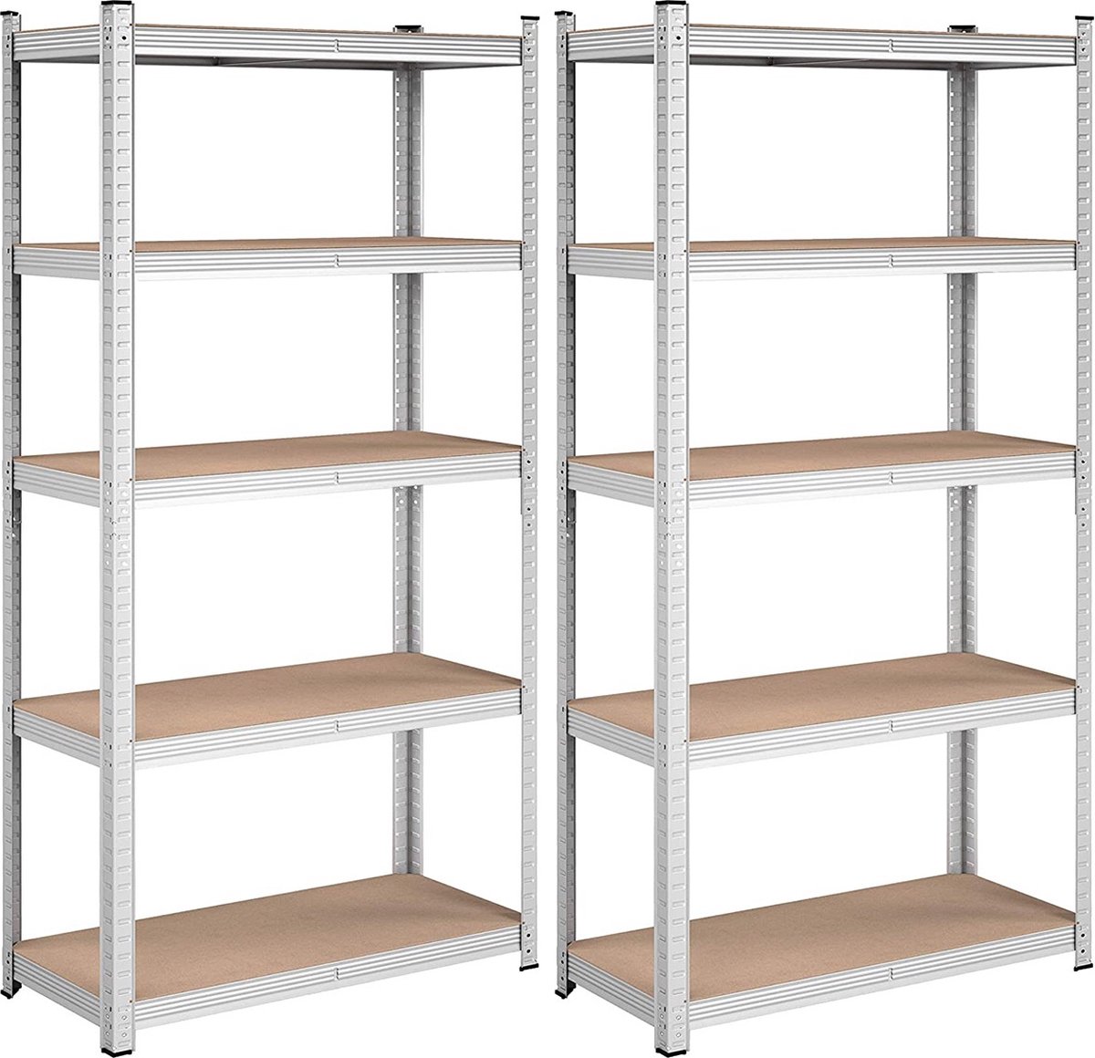 SONGMICS Heavy-duty planken, set van 2, kelderplanken, opbergplanken, 40 x 90 x 180 cm, planken met stalen frame, elk belastbaar tot 875 kg, 5 verstelbare planken, zilver