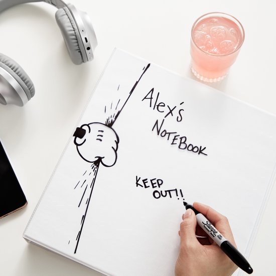 Een hand met een zwarte Sharpie marker schrijft "Alex's NOTEBOOK KEEP OUT!!" op een notitieboek.
