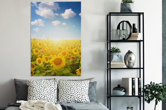 Canvas Schilderij Zonnebloem - Zon - Wolken - 80x120 cm - Wanddecoratie