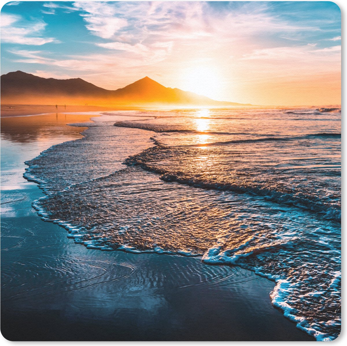 Muismat 20x20 cm - Mousepad Zonsondergang - Zee - Berg - Horizon - Landschap - Blauw - Muismatten