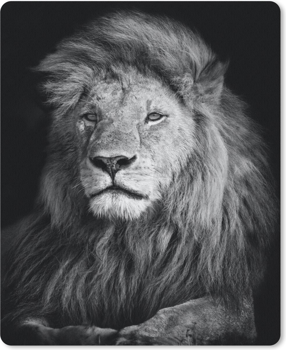 Muismat 19x23 cm - Mousepad Wilde dieren - Leeuw - zwart - Wit - Muismatten