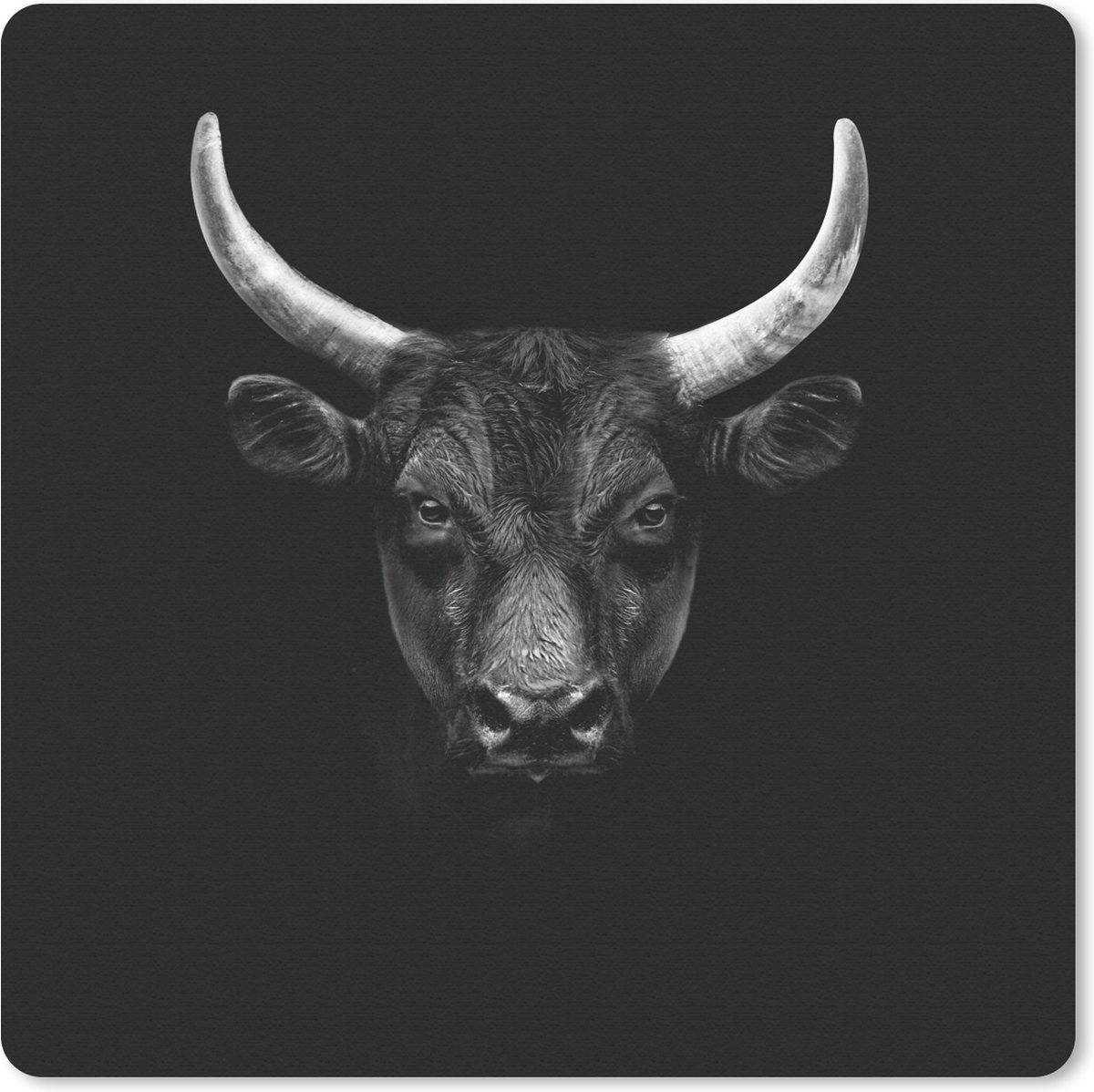 Muismat 20x20 cm - Mousepad Dieren - Stier - Zwart - Wit - Portret - Muismatten