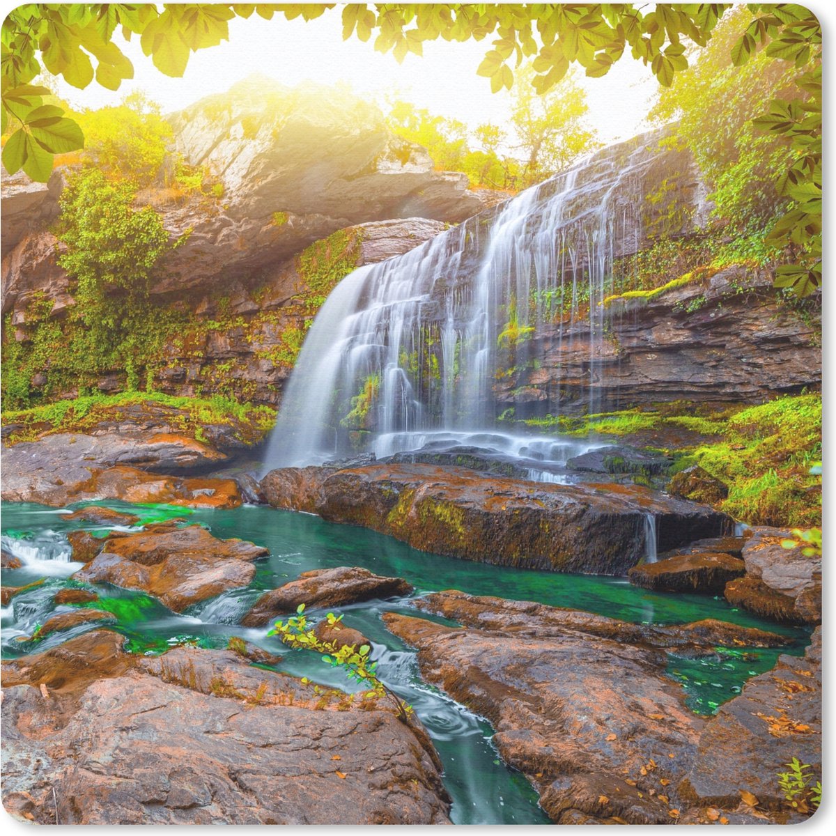Muismat 20x20 cm - Mousepad Natuur - Waterval - Planten - Bomen - Zon - Muismatten