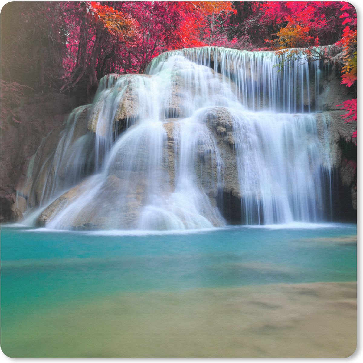 Muismat 20x20 cm - Mousepad Waterval - Bomen - Rood - Landschap - Natuur - Muismatten