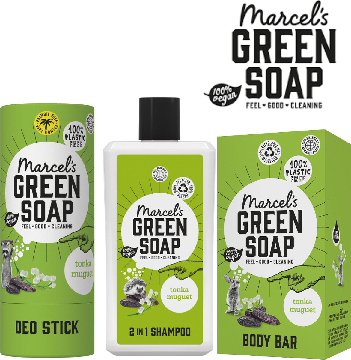 Marcel's Green Soap - Fris & Fruitig Pakket (Tonka & Muguet) / Geschenkset / Cadeau / Shampoo / Douchegel / Deodorant / Badkamer / Douche / Hygiene / Uiterlijk / Verzorging / Ecologisch / Vegan