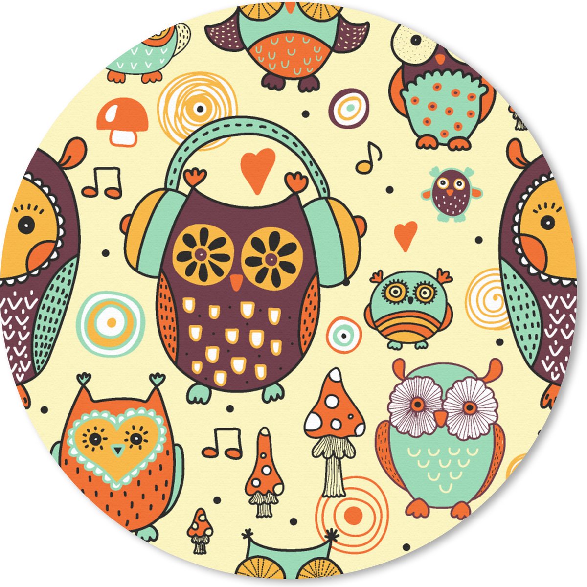 Muismat rond 30x30 cm - Mousepad Uil - Koptelefoon - Patroon - Ronde muismatten