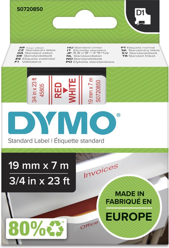 DYMO originele D1 labels | Rode Tekst op Wit Label | 19 mm x 7 m | zelfklevende etiketten voor de LabelManager labelprinter | gemaakt in Europa