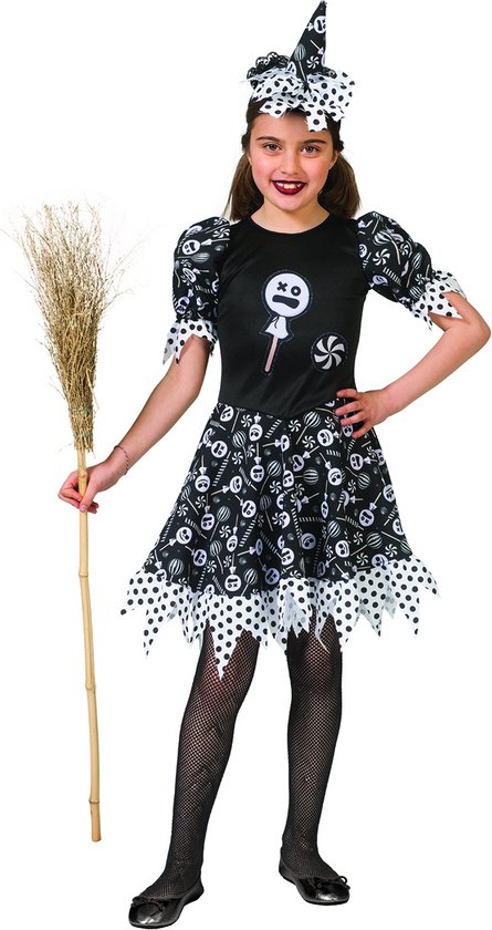 Funny Fashion - Heks & Spider Lady & Voodoo & Duistere Religie Kostuum - Verleidelijke Snoep Heks Enge Lollies - Meisje - - Maat 104 - Halloween - Verkleedkleding