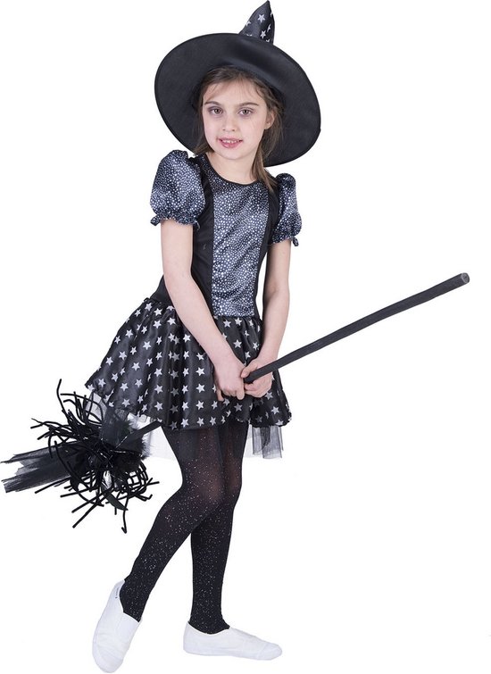 Funny Fashion - Heks & Spider Lady & Voodoo & Duistere Religie Kostuum - Magische Melkweg Heks - Meisje - Zwart, Zilver - Maat 140 - Halloween - Verkleedkleding