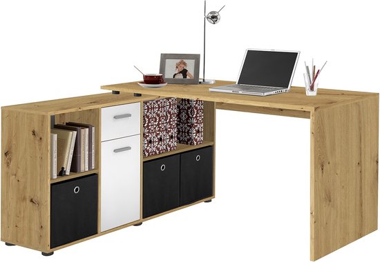 Bureau d'Angle Modulable avec Caisson, Tiroir et Étagères de Rangements - Lex