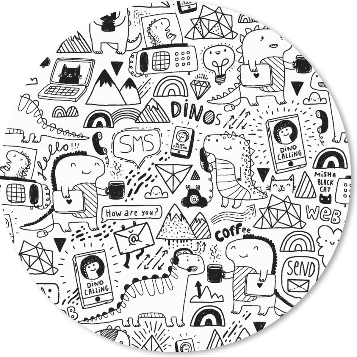 Muismat rond 20x20 cm - Mousepad Patronen - Dinosaurus - Telefoon - Ronde muismatten
