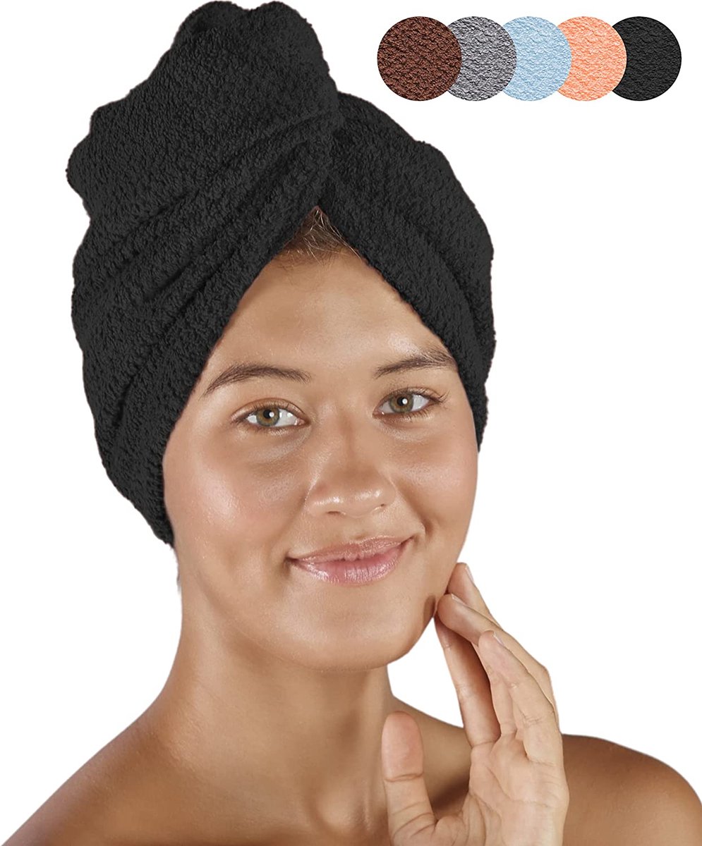 pamuq haartulband 100% katoen - zwart, set van 2 - met 2 knopen - tulband handdoek knop haarhanddoek hoofdhanddoek knop haartulband sneldrogende haarhanddoek handdoek haardrooghanddoek
