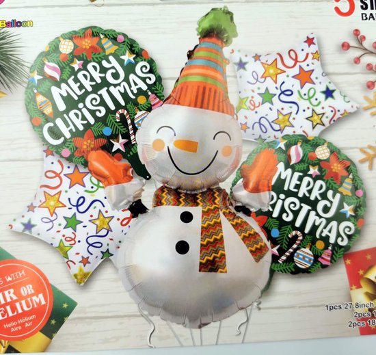 Loha-party®Merry Christmas Ballonnen Set-Kerst Ballonnen-Kerstman Folie Ballonnen-Sneeuwpop Ballonnen-Sneeuwster-Kersrversiering-Kerst decoratie-Feestversiering-5stuks