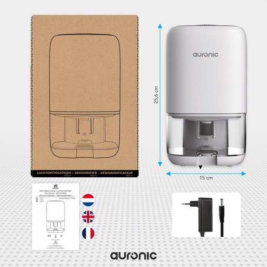 Auronic Luchtontvochtiger - Ontvochtigt 450ml Per Dag in Huis - 1L Waterreservoir - LED - Vochtopnemer voor in Woonkamer, Slaapkamer & Badkamer - Dehumidifier - Wit
