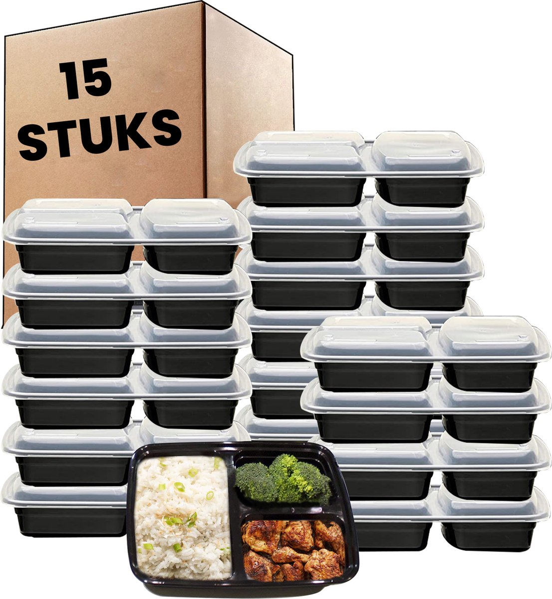 Prepnow 15 meal prep bakjes - 3 compartimenten - Vershouddoos - Lunchbox - Plastic bakjes met deksel