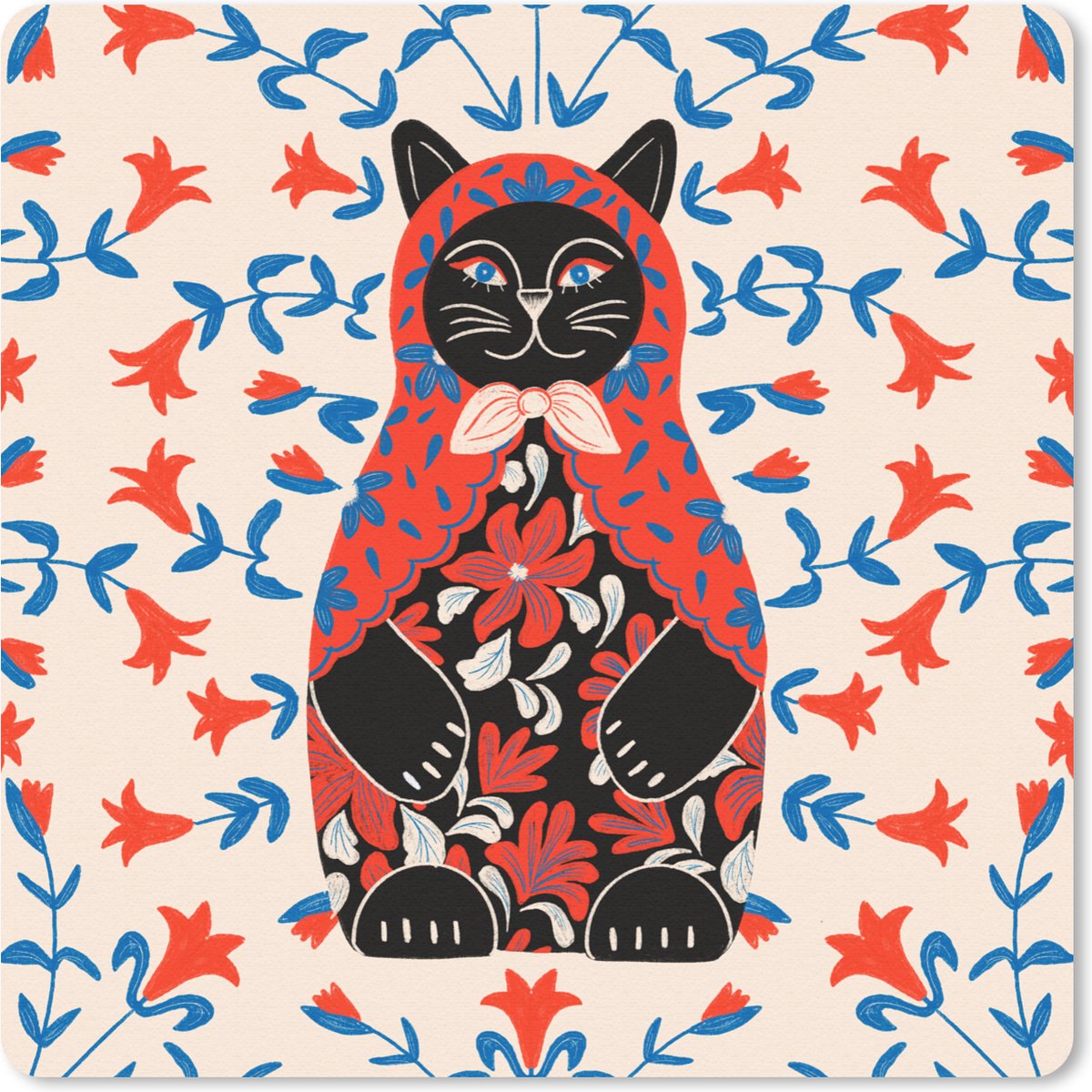 Muismat 30x30 cm - Mousepad Matroesjka - Bloemen - Kat - Muismatten