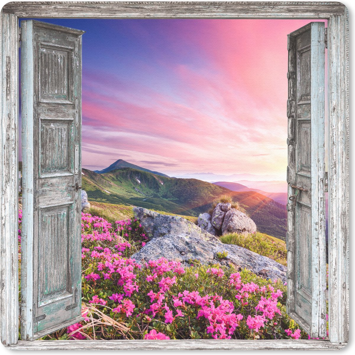 Muismat 30x30 cm - Mousepad Bergen - Landschap - Doorkijk - Bloemen - Muismatten