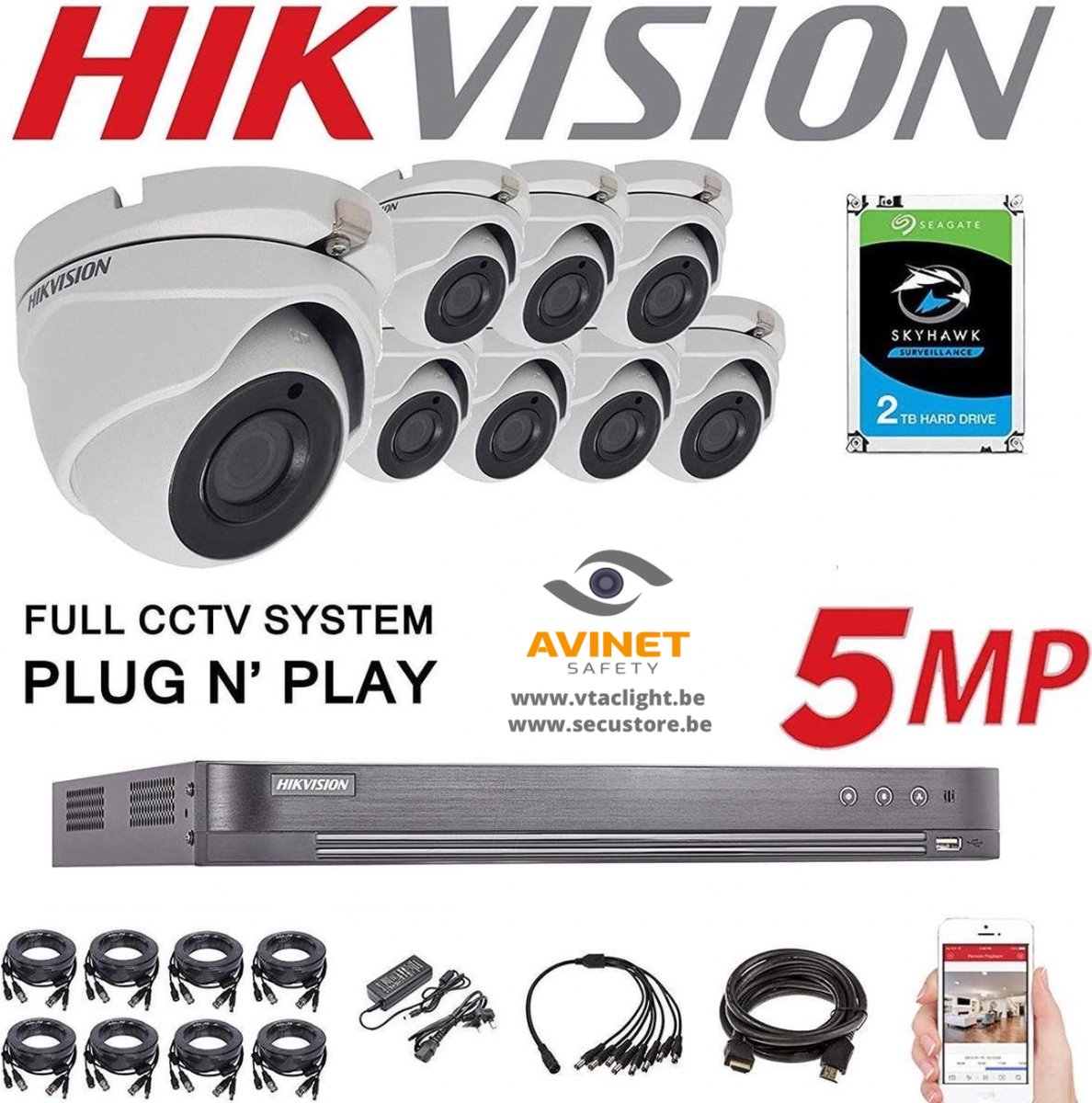HIKVISION, 8 x 5 MP buitencamera's, 4 K, 8 kanalen, 2 TB, H.265+, 2,8 mm, nachtzicht, DS-7208HUHI-K1 DS-2CE56H1T-ITM