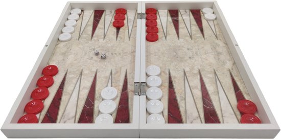 Thumbnail van een extra afbeelding van het spel Rood/wit backgammon spel - maat L - met schaakbord en schaakstukken