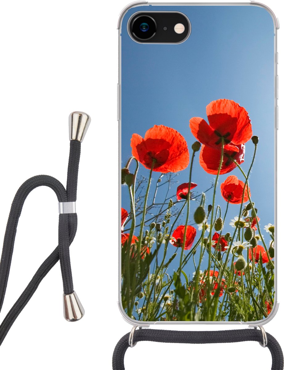 Telefoonhoesje Geschikt voor iPhone 8 - Felle zon boven een aantal klaprozen in Spanje - Siliconen - Crossbody - Backcover met Koord - Telefoonhoesje met koord - Hoesje met touw Telefoonhoesje
