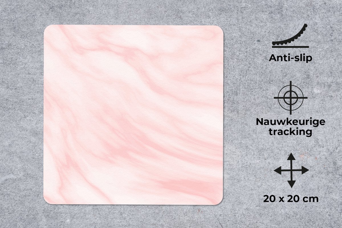 Muismat 20x20 cm - Mousepad Marmer - Roze - Wit - Luxe - Marmer printlook - Muismatten