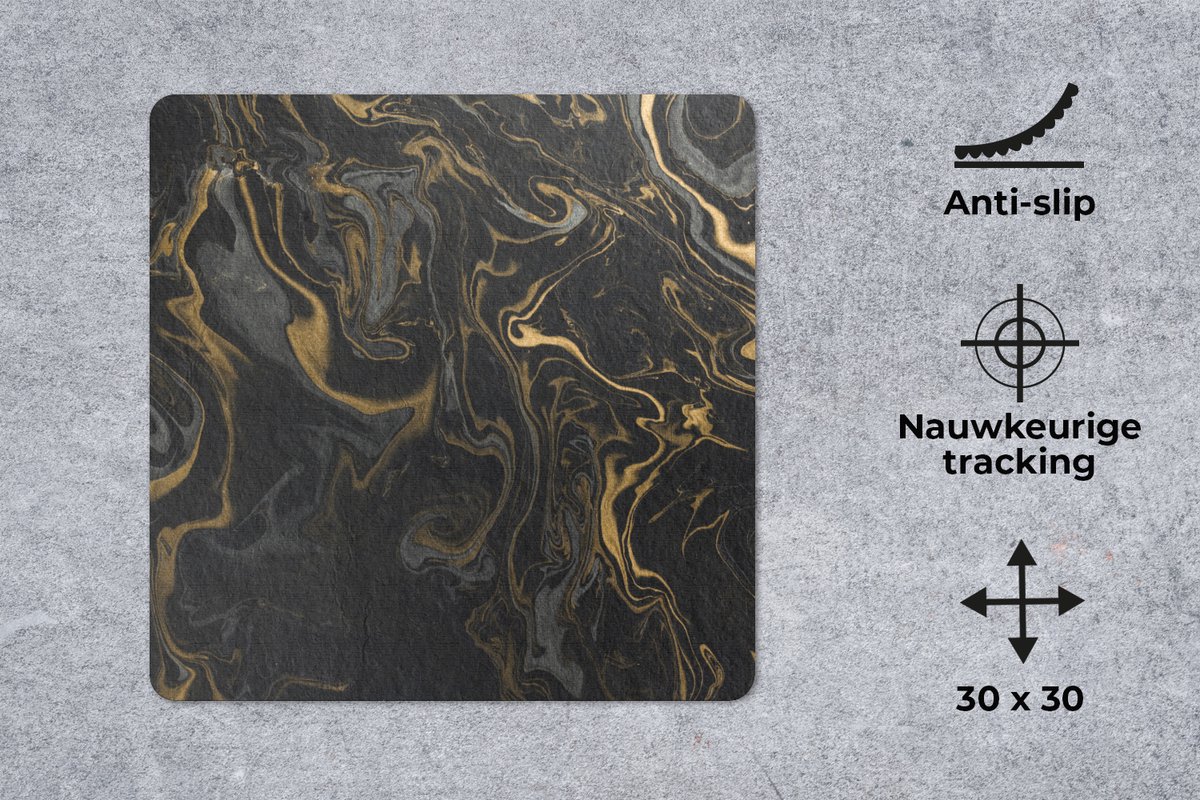 Muismat 30x30 cm - Mousepad Marmer - Textuur - Grijs - Goud - Marmer printlook - Luxe - Muismatten