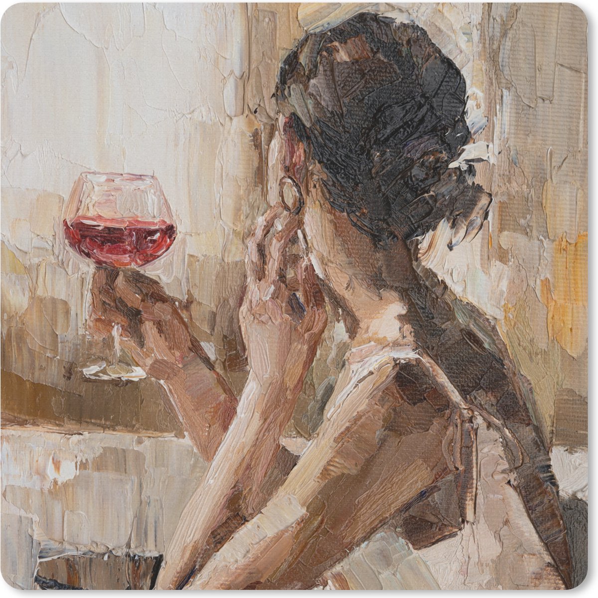 Muismat 20x20 cm - Mousepad Schilderij - Olieverf - Vrouw - Wijn - Muismatten