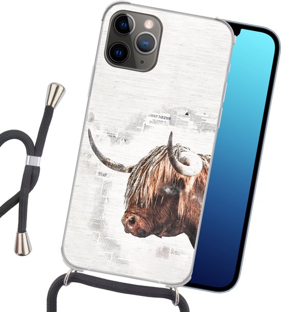 Coque avec cordon iPhone 13 Pro - Highlander écossais - Animaux - Papier journal - Siliconen - Bandoulière - Coque arrière avec cordon - Coque pour téléphone avec cordon - Coque avec corde