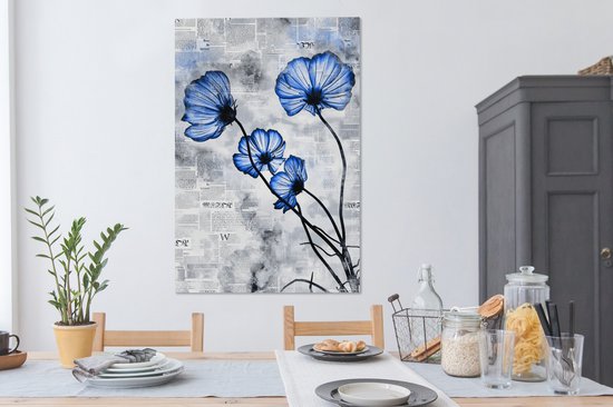 Toile Peinture Fleurs - Journal - Blauw - 80x120 cm - Décoration murale