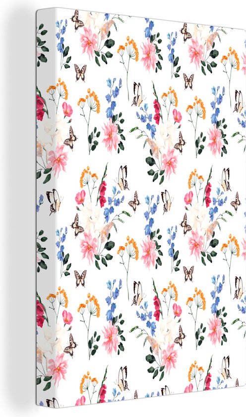 Tableau sur toile Fleurs - Papillons - Collage - 80x120 cm - Décoration murale