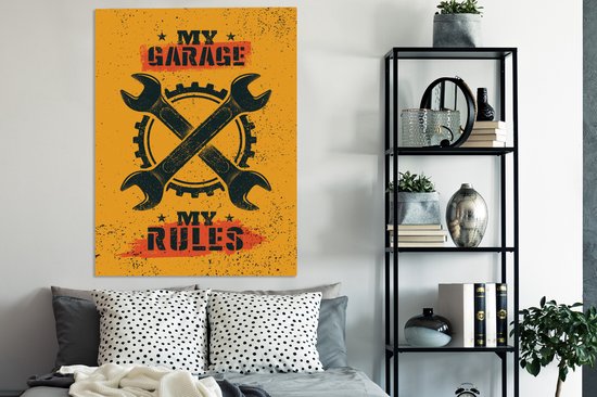 Toile Peinture Mancave - Garage - Outils - Vintage - 90x120 cm - Décoration murale