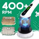 De elektrische schrobborstel met borstel van 400+ RPM. Voor- en na-afbeelding van een tegelvloer.