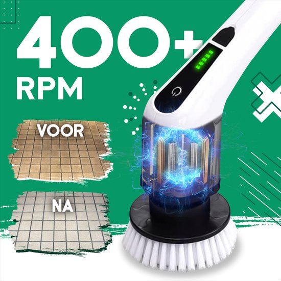De elektrische schrobborstel met borstel van 400+ RPM. Voor- en na-afbeelding van een tegelvloer.