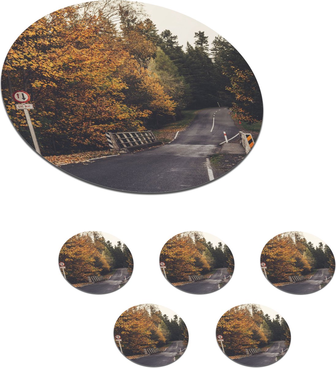Onderzetters voor glazen - Rond - Bomen - Weg - Herfst - 10x10 cm - Glasonderzetters - 6 stuks