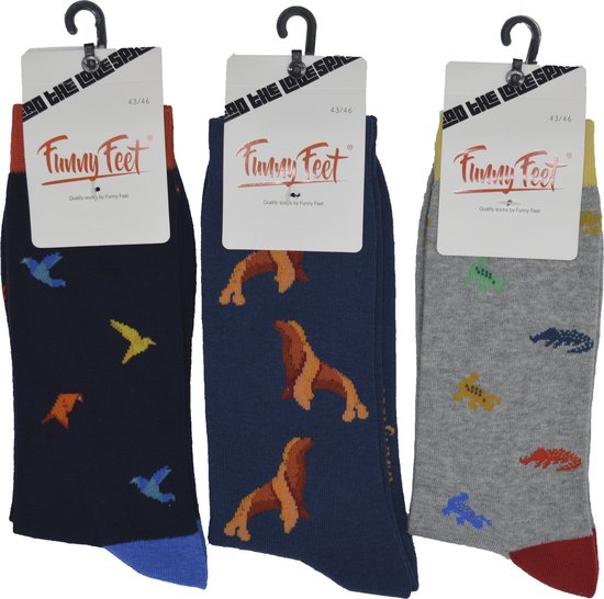 Funny Feet sokken - Happy animals Heren kousen - cadeau - grappige mannen sokken - 3 paar - Naadloos - Maat 39-42