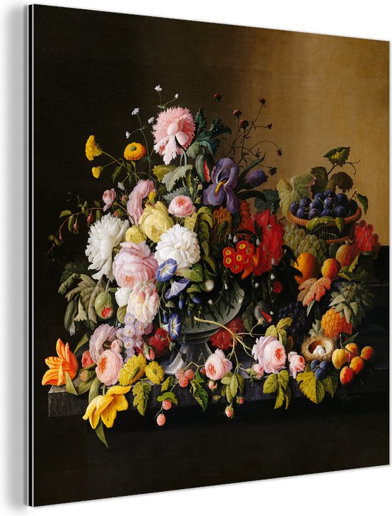 Wanddecoratie Metaal - Aluminium Schilderij Industrieel - Stilleven met bloemen en fruit - Kunstwerk - Oude meesters - 90x90 cm - Dibond - Foto op aluminium - Industriële muurdecoratie - Voor de woonkamer/slaapkamer