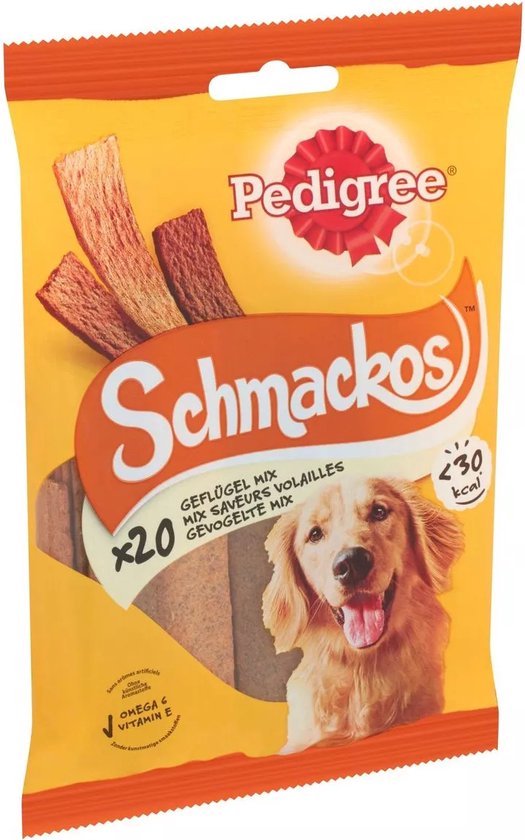 Verpakking Pedigree Schmackos gevogelte mix, met hond en 20 snacks.