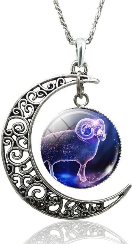 Ketting met lichtgevende hanger met het sterrenbeeld Ram (Aries) – zilverkleurig - lengte ketting 47 cm – geboortedatum 21 maart tot en met 20 april