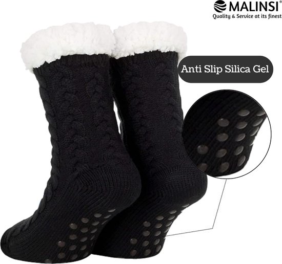 Zwarte gebreide huissokken van Malinsi met een detailinzetstuk van de antislip siliconen zool.