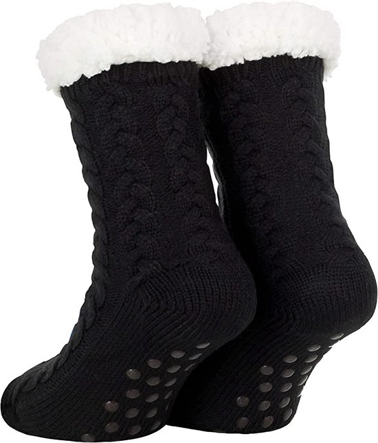 Huissokken Dames en Heren - Zwart - Anti Slip Sokken - One Size - Dikke - Winter - Fleece - Fluffy - Verwarmde - Slofsokken - Bedsokken - Gevoerde Sokken - Cadeau voor hem haar - Valentijn