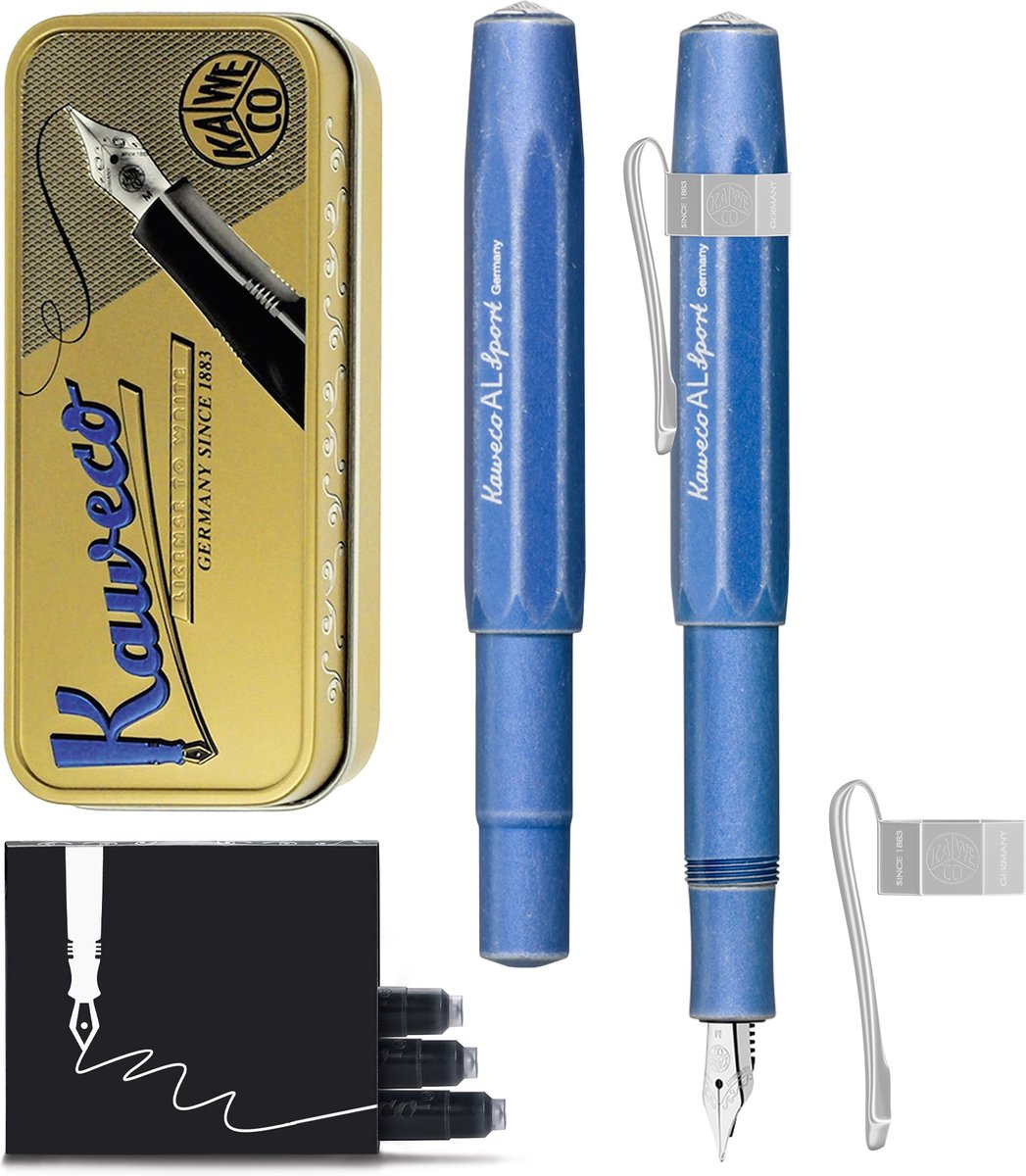 Kaweco Cadeauset - 1 Vulpen - Nostalgic Octagonal Clip CHROME - ALUMINIUM SPORT - Sport Aluminium "Stone Washed" Blue - Medium - Vintage blikje - Extra Doosje Vullingen