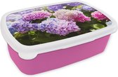 Broodtrommel Roze - Lunchbox - Brooddoos - Bloemen - Hortensia - Roze - Bladeren - Zon - 18x12x6 cm - Kinderen - Meisje