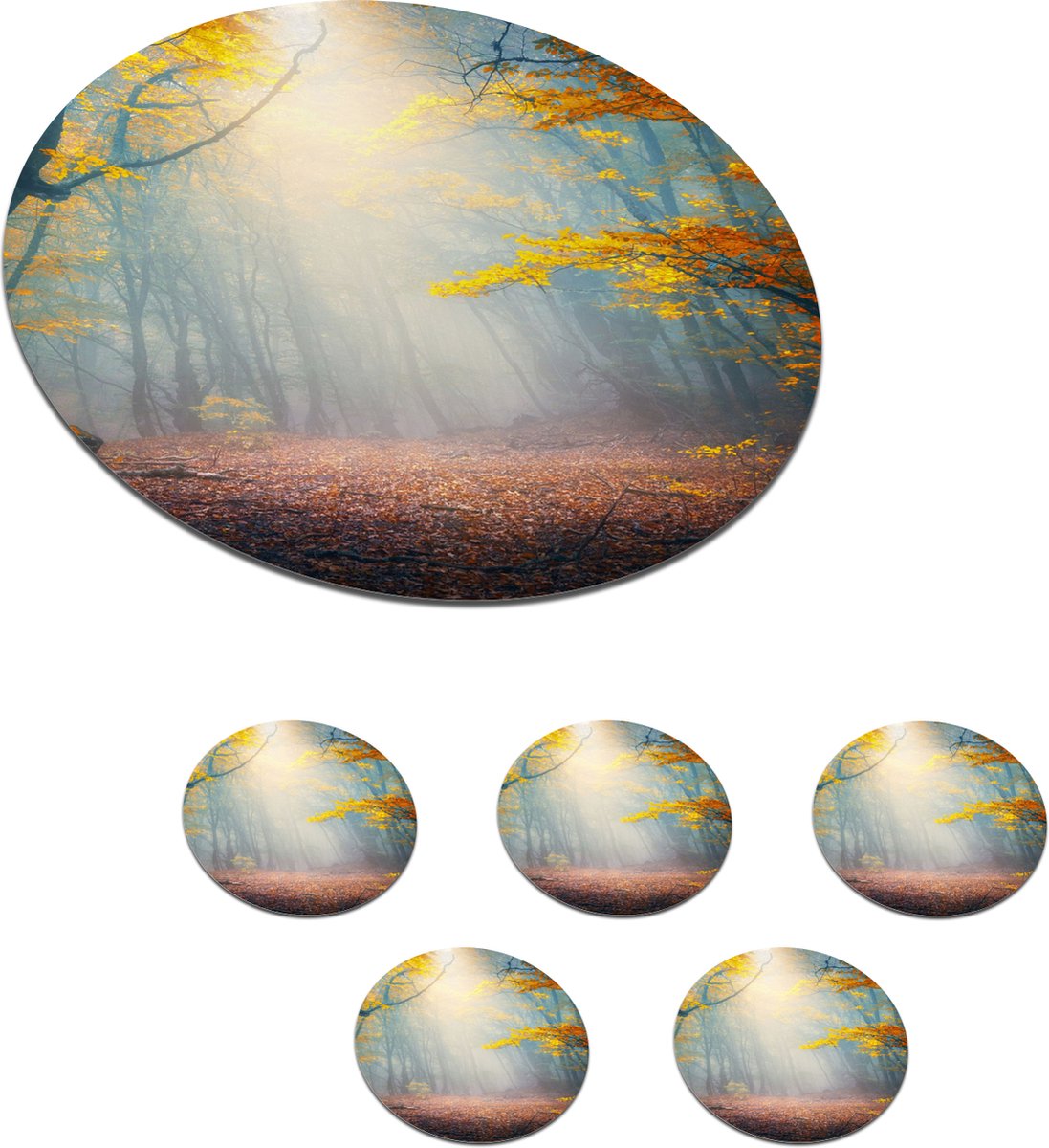 Onderzetters voor glazen - Rond - Bos - Mist - Herfst - 10x10 cm - Glasonderzetters - 6 stuks