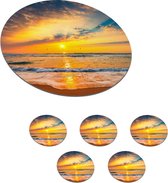 Onderzetters voor glazen - Rond - Zonsondergang - Strand - Zee - Wolken - Oranje - 10x10 cm - Glasonderzetters - 6 stuks